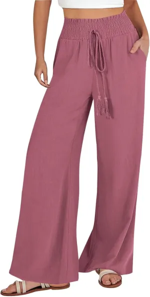 ZWRXW Linen Pants Women Summer Casual Palazzo Beach Pant Loose Lounge Pant High Waisted Adjustable Tie Knot Flowy Trouser