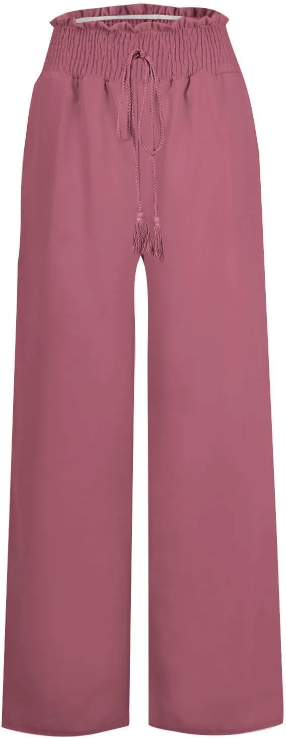 ZWRXW Linen Pants Women Summer Casual Palazzo Beach Pant Loose Lounge Pant High Waisted Adjustable Tie Knot Flowy Trouser