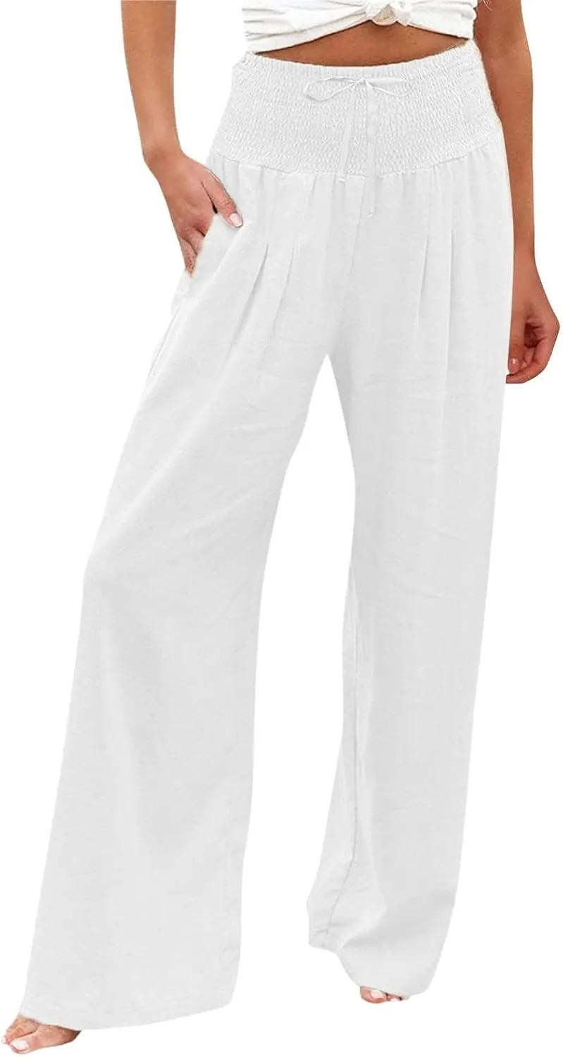 ZWRXW Women Linen Palazzo Pants Summer Wide Leg Pants Bow-Knot High Waisted Casual Lounge Pant Lightweight Beach Trousers