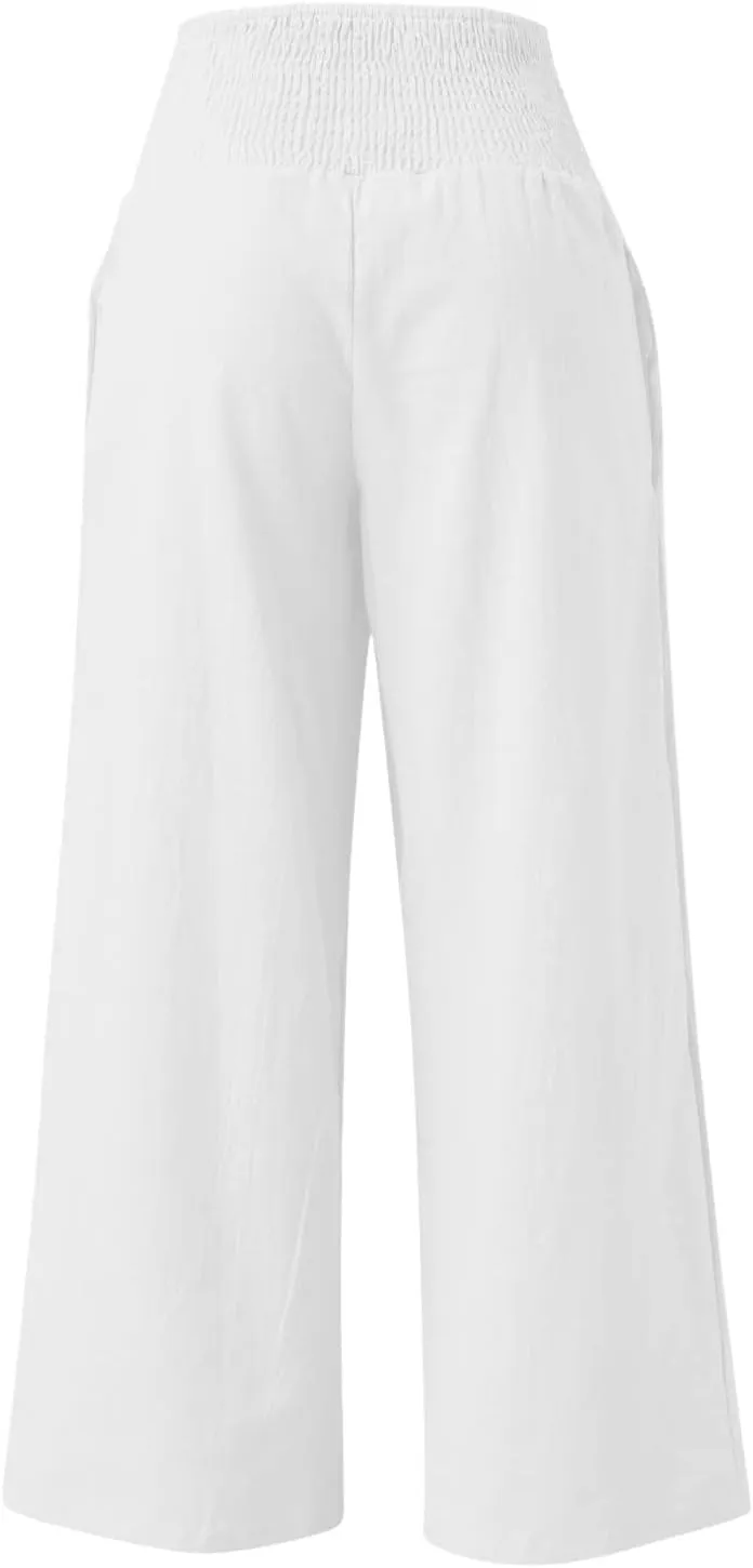ZWRXW Women Linen Palazzo Pants Summer Wide Leg Pants Bow-Knot High Waisted Casual Lounge Pant Lightweight Beach Trousers