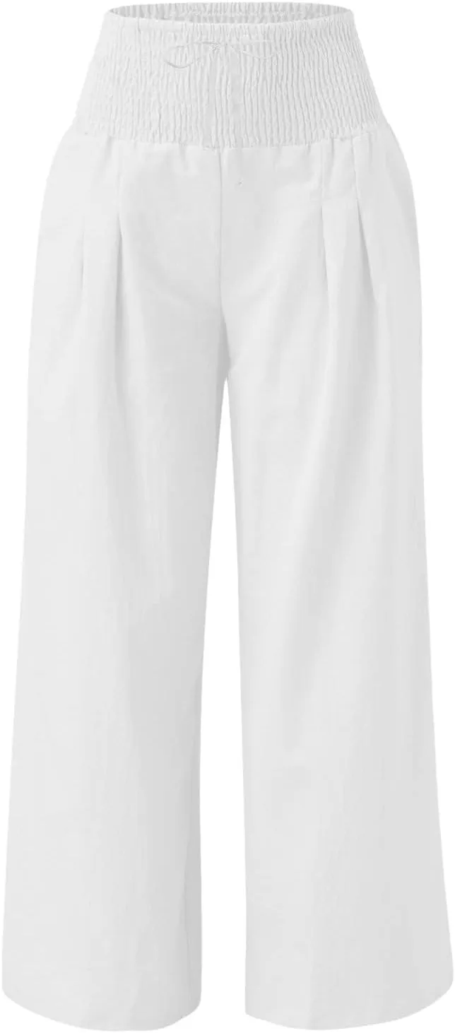 ZWRXW Women Linen Palazzo Pants Summer Wide Leg Pants Bow-Knot High Waisted Casual Lounge Pant Lightweight Beach Trousers