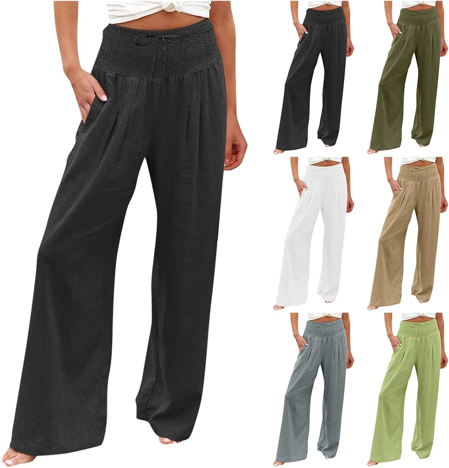 ZWRXW Women Linen Palazzo Pants Summer Wide Leg Pants Bow-Knot High Waisted Casual Lounge Pant Lightweight Beach Trousers