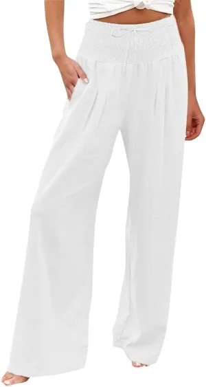 ZWRXW Women Linen Palazzo Pants Summer Wide Leg Pants Bow-Knot High Waisted Casual Lounge Pant Lightweight Beach Trousers